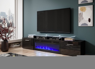 SStolikTV.pl ROVA z kominkiem elektrycznym 190x37x48 czarny/czarny połysk